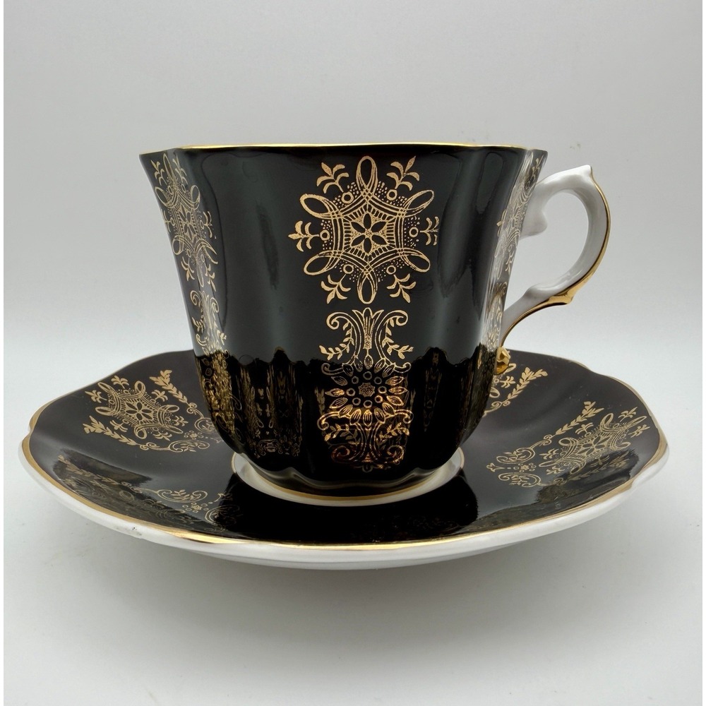 Vintage Royal Grafton Black Gold Filigree Teacup Saucer Set 9142 Bone China